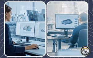 Rysowanie w AutoCAD: dwoje profesjonalistów pracujących przy stacjach roboczych nad trójwymiarowymi modelami części mechanicznych, wykorzystując zaawansowane funkcje projektowania inżynierskiego.