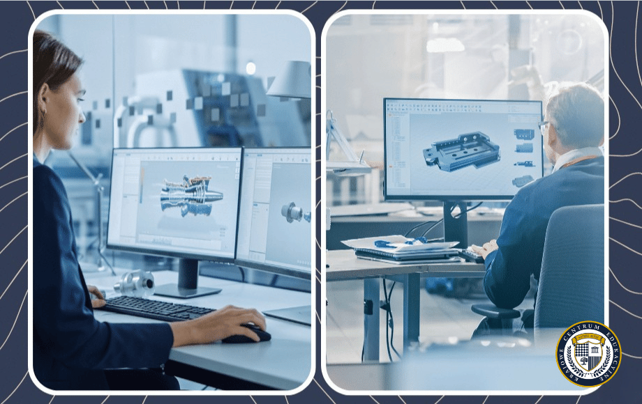 Rysowanie w AutoCAD: dwoje profesjonalistów pracujących przy stacjach roboczych nad trójwymiarowymi modelami części mechanicznych, wykorzystując zaawansowane funkcje projektowania inżynierskiego.