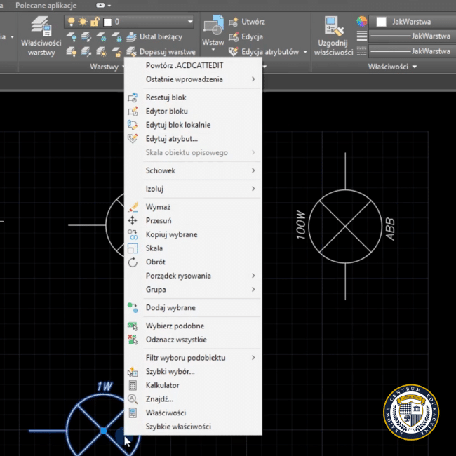 Zrzut ekranu z AutoCAD - możliwości manipulowania blokiem.