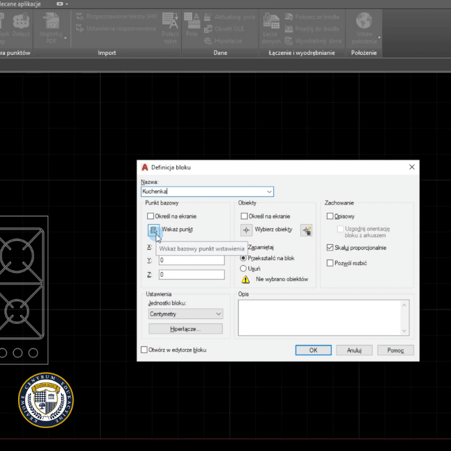 Zrzut ekranu z definicji bloku w AutoCAD.