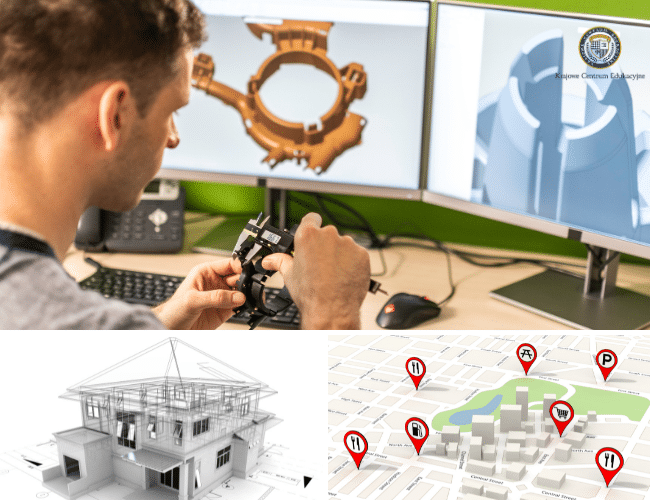 Projektant pracujący z modelem w AutoCAD 3D na podwójnym monitorze, prezentującym złożone elementy mechaniczne w kolorze brązowym i szarym, przy jednoczesnej analizie planu architektonicznego domu oraz mapy lokalizacyjnej z oznaczeniami, co ilustruje wszechstronne zastosowanie programu w różnych dziedzinach projektowania.