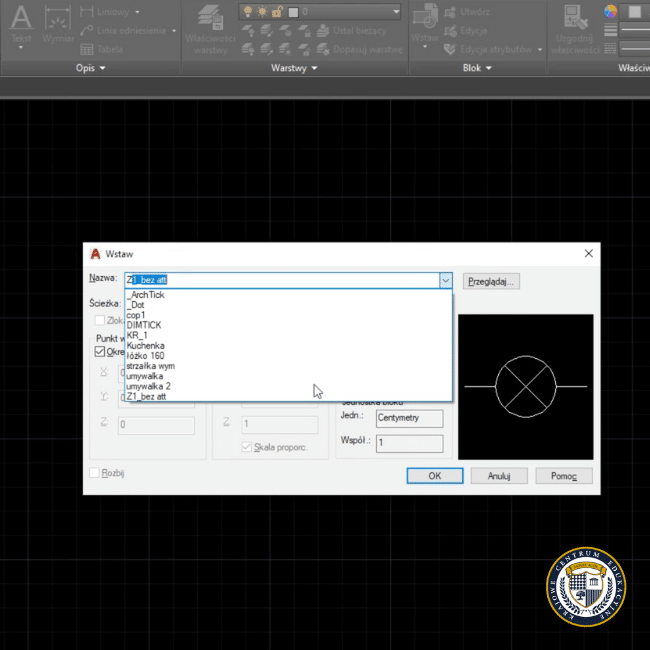 Zrzut ekranu z AutoCAD. Opcja wstawiania.