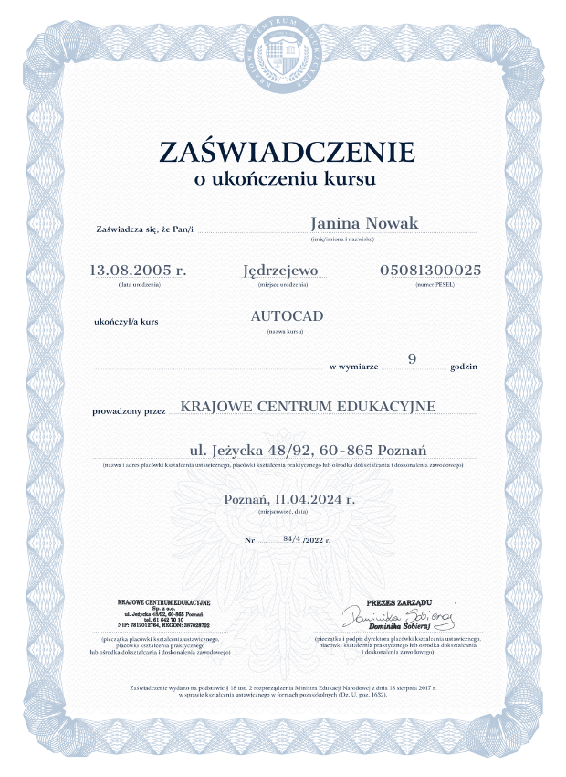 Wzór zaświadczenia o ukończonym kursie AutoCAD