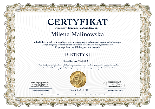 Wzór certyfikatu, który kursant otrzyma po ukończeniu kursu dietetyki w Krajowym Centrum Edukacyjnym