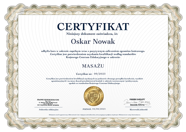 Wzór certyfikatu, który kursant otrzyma po ukończeniu kursu masażu