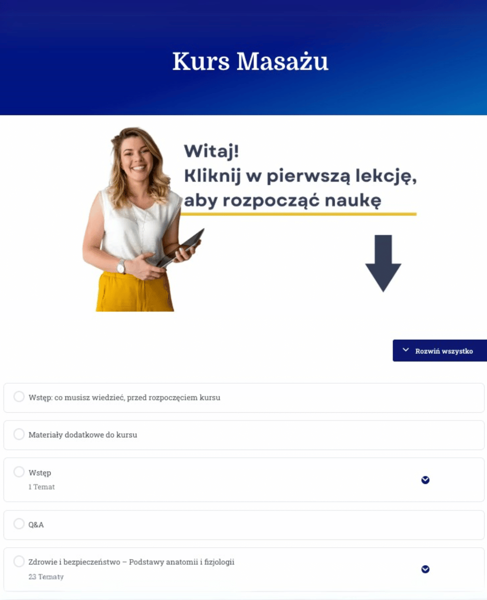 Kurs masażu wnętrze platformy edukacyjnej
