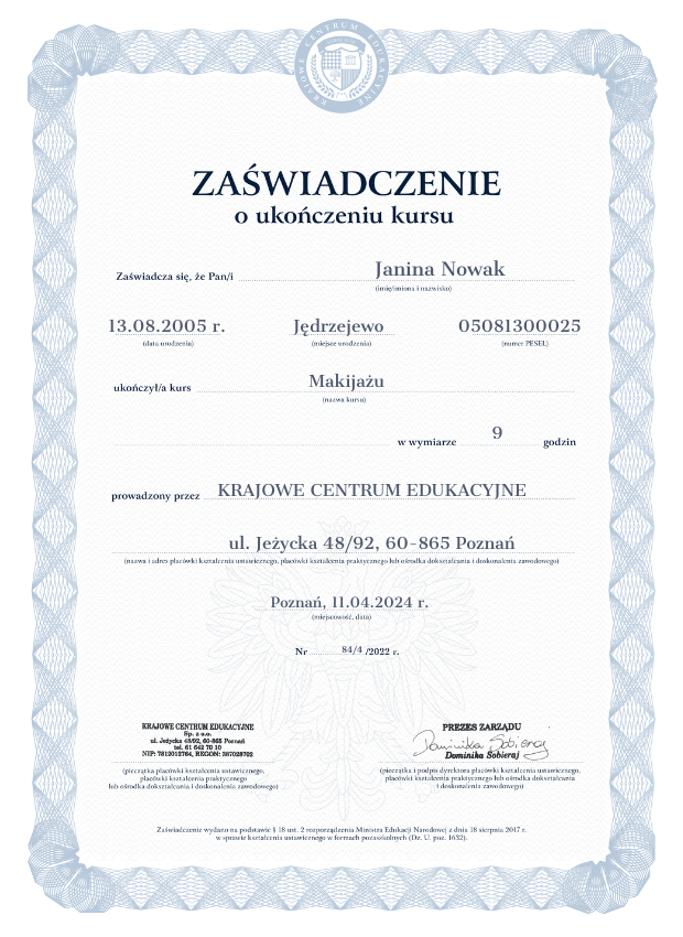 Wzór zaświadczenia z kursu makijażu