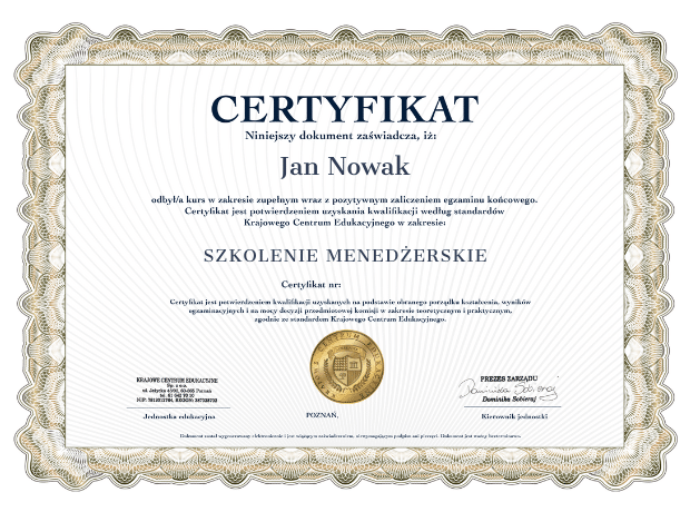 Wzór certyfikatu ze szkolenia menedżerskiego online
