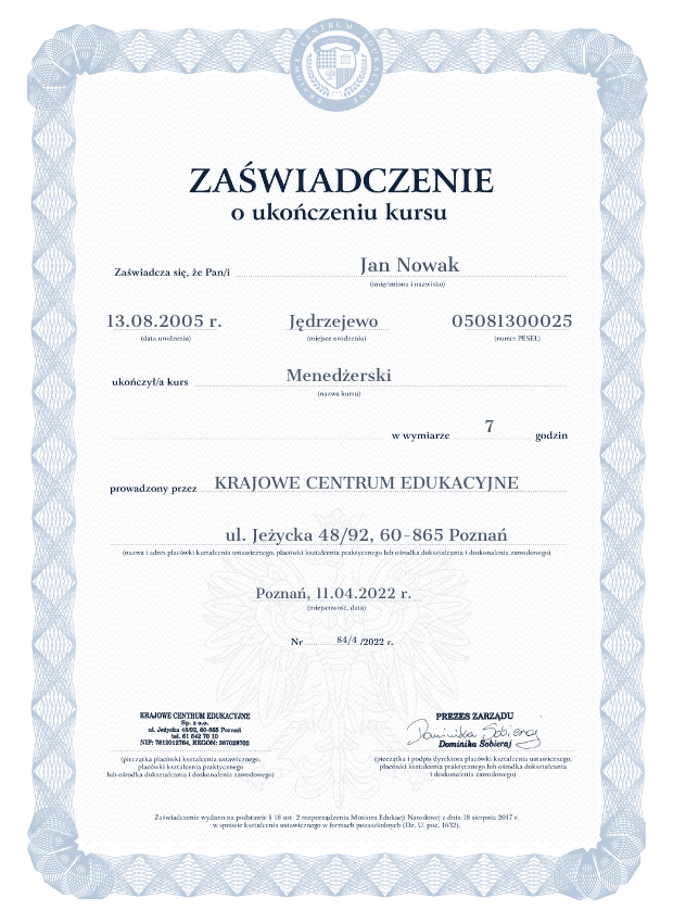 Wzór zaświadczenia ze szkolenia menedżerskiego online