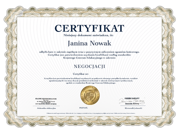 Wzór certyfikatu o ukończonym kursie z negocjacji