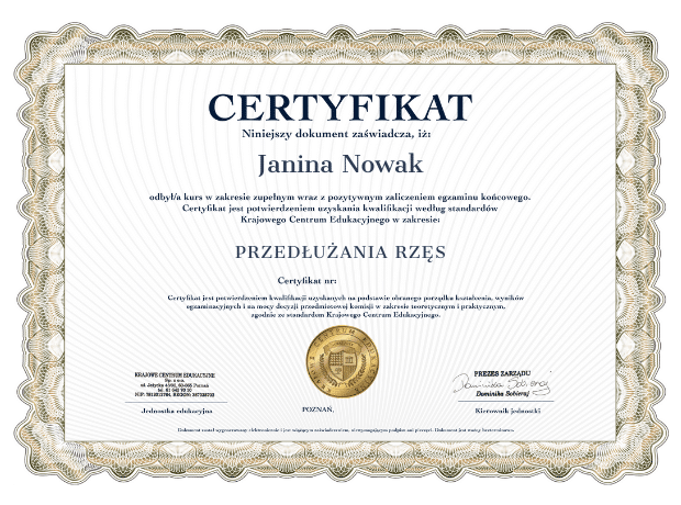 Wzór certyfikatu ze szkolenia z przedłużania rzęs