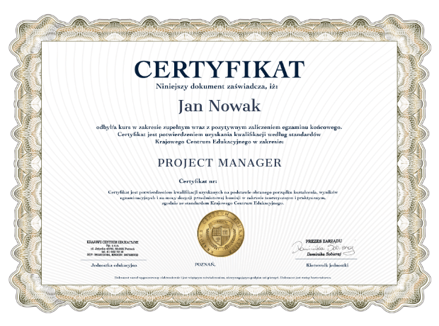 Ceryfikat z kursu project manager