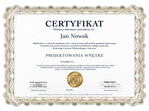 Wzór certyfikatu z kursu projektowania wnętrz w KCE
