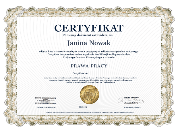 Wzór certyfikatu o szkoleniu z prawa pracy