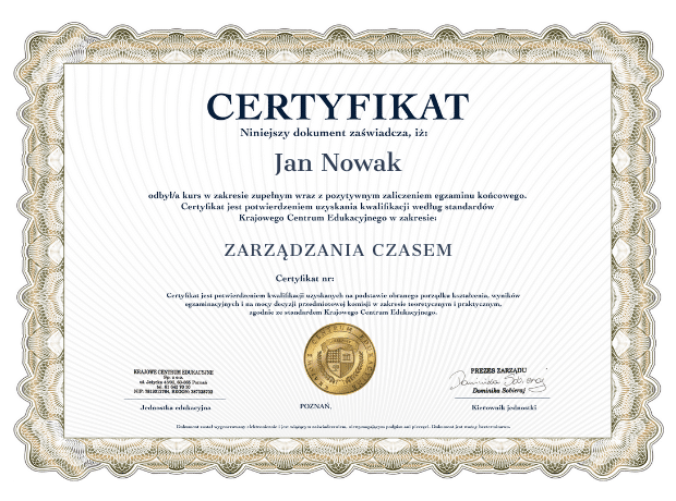 Wzór certyfikatu o ukończonym szkoleniu z zarządzania czasem
