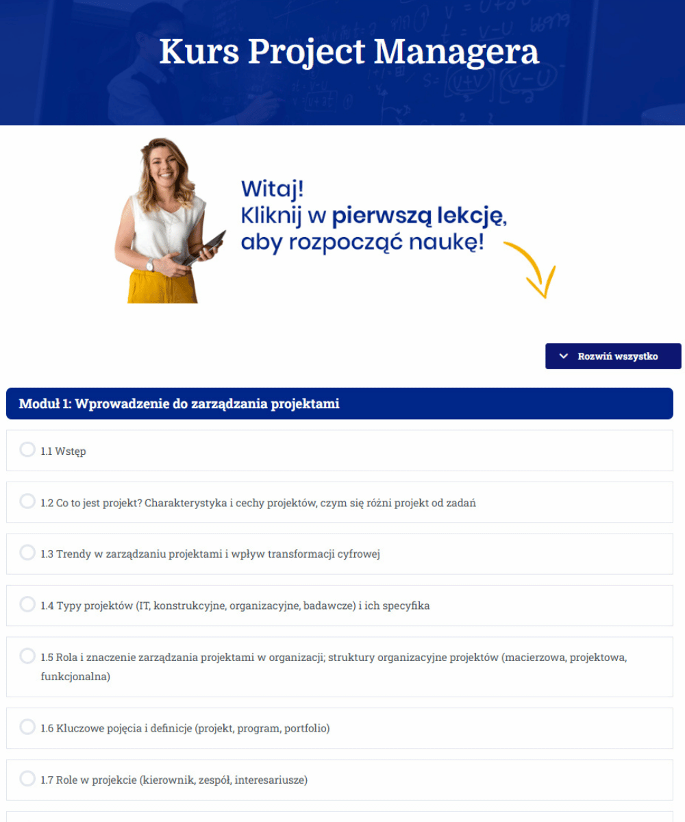Wnętrze platformy kursu project managera
