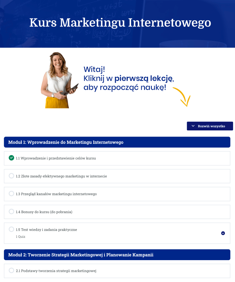 Wnętrze platformy szkoleniowej kurs marketingu internetowego