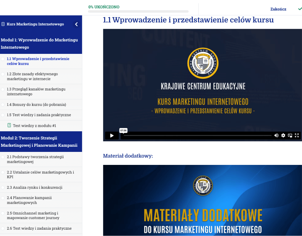 Wnętrze platformy szkoleniowej kursu marketing internetowy lekcja