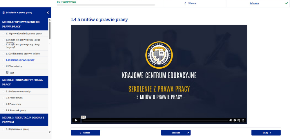 Wnętrze platformy szkoleniowej kursu prawa pracy lekcja