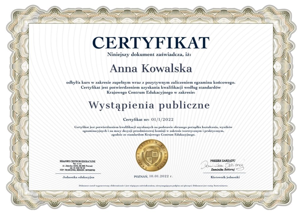 Wystąpienia publiczne Certyfikat