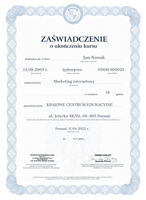 Zaświadczenie o kursie marketingu internetowego