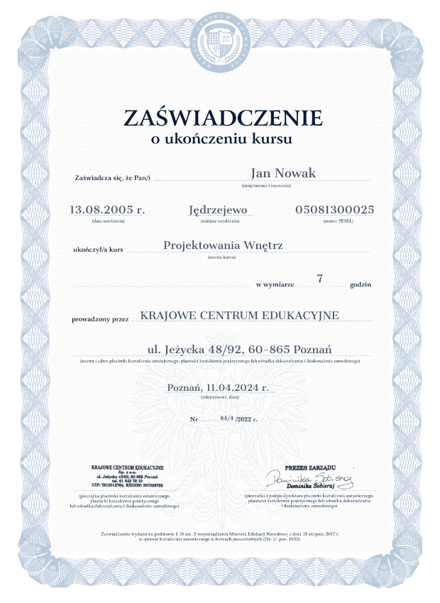 Wzór zaświadczenia z kursu projektowania wnętrz w KCE