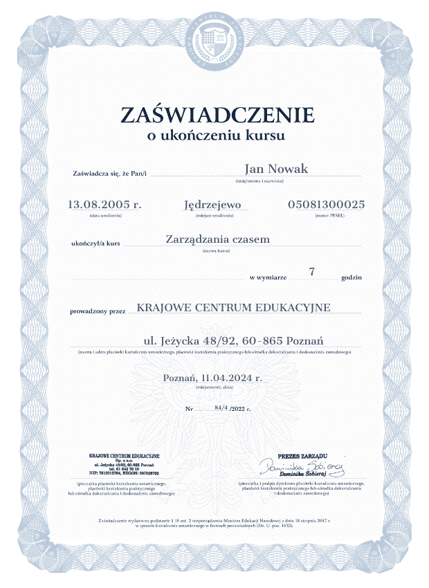 Wzór zaświadczenia o ukończonym szkoleniu z zarządzania czasem