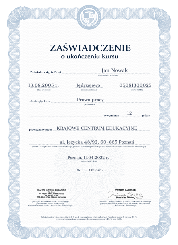 Zaświadczenie o ukończeniu szkolenia z prawa pracy