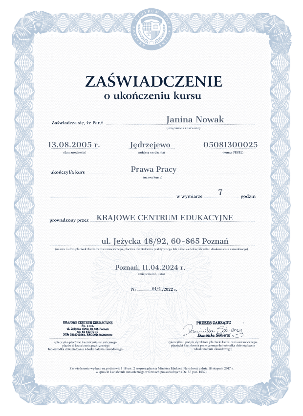 Wzór zaświadczenia o szkoleniu z prawa pracy