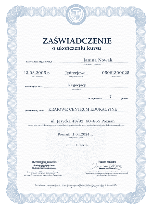 Zaswiadczenie o ukonczonym szkoleniu z negocjacji