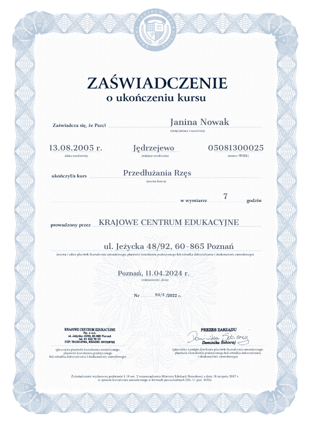 Wzór zaświadczenia o ukończonym szkoleniu z przedłużania rzęs online