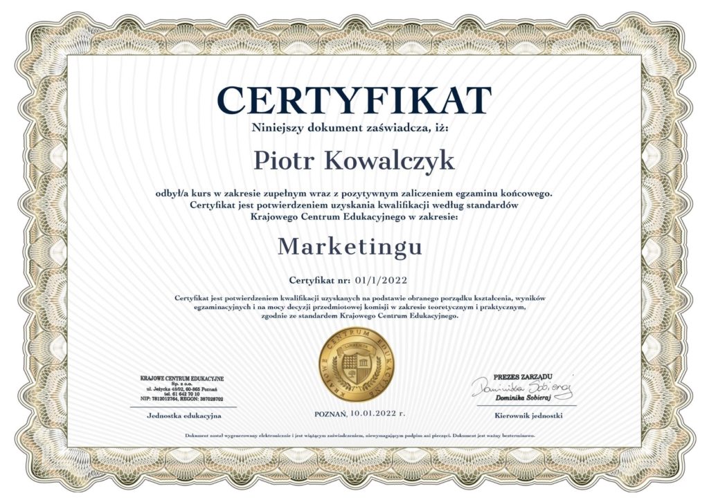 certyfikat kurs marketingu