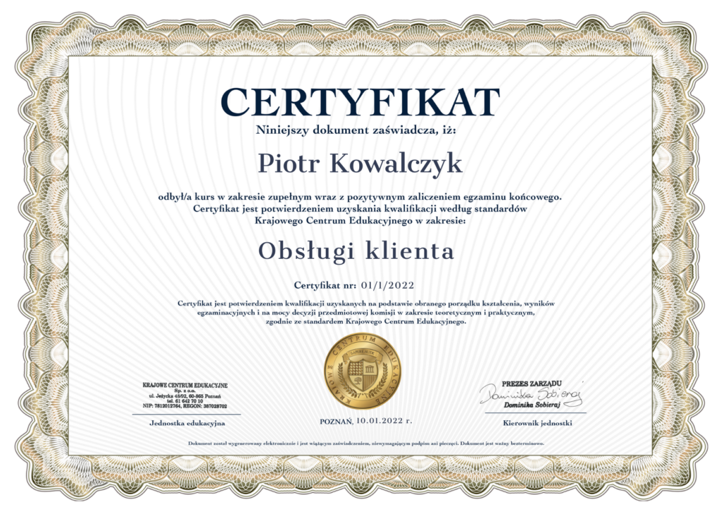 certyfikat obsługi klienta