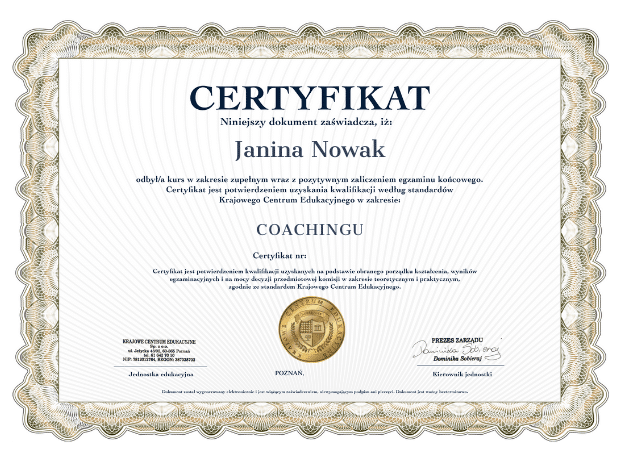 Wzór certyfikatu o ukończonym kursie coachingu