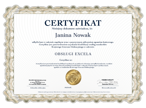 Wzór certyfikatu z kursu obsługi excela