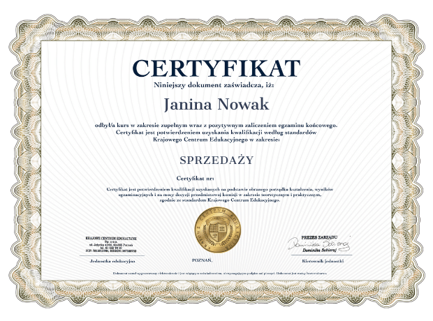 Wzór certyfikatu ze szkolenia sprzedażowego