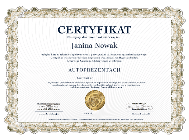 Wzór zaświadczenia o ukończonym szkoleniu z autoprezentacji