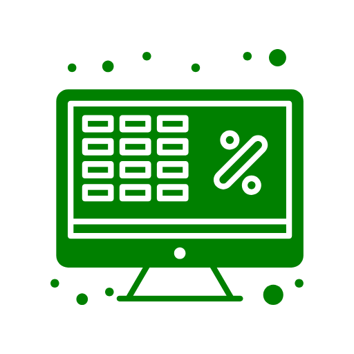 Monitor komputera wyświetlający siatkę danych i symbol procentu, wskazujący na analizę finansową