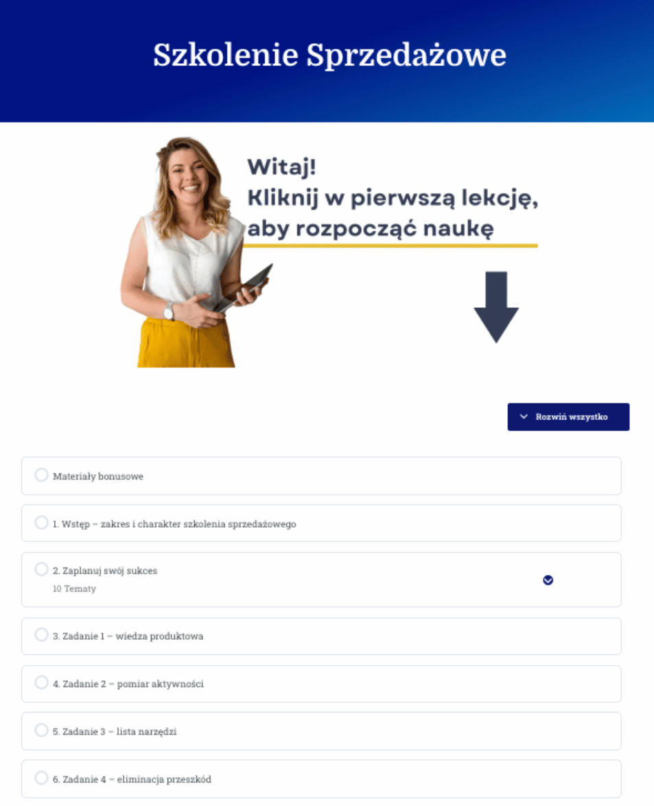 Szkolenie sprzedażowe wnętrze platformy edukacyjnej