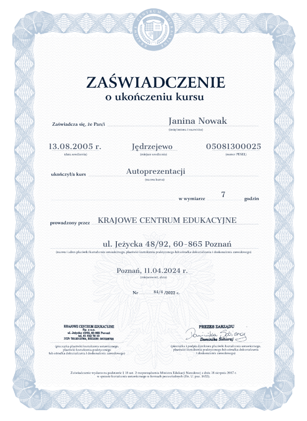 Wzór zaświadczenia o ukończonym szkoleniu z autoprezentacji