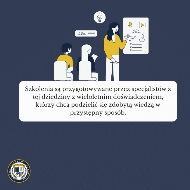 Granatowe tło, grafika osób odbywających szkolenie i tekst na środku: W natłoku informacji szukając szkolenia, jakie chcielibyśmy zrealizować, ważny jest odpowiedni research. - kurs kadry i prace online