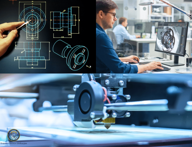 Cykl produkcyjny z systemem CAD - szkic techniczny części maszynowej, inżynier projektujący model 3D na komputerze oraz drukarka 3D realizująca projekt