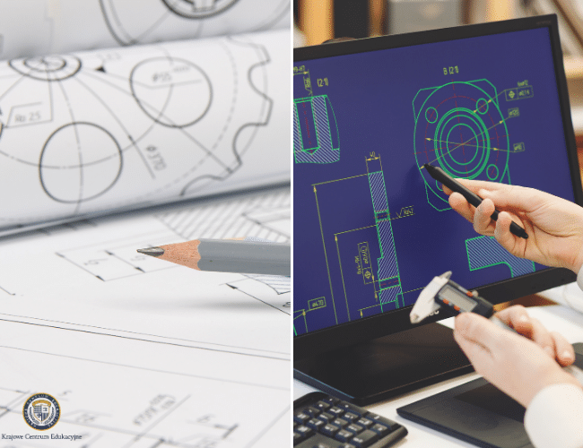Transformacja projektowania inżynierskiego - po lewej tradycyjne rysunki techniczne z ołówkiem, po prawej ta sama część mechaniczna projektowana na laptopie w nowoczesnym systemie CAD z wymiarowaniem