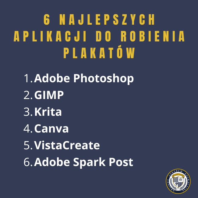 Lista 6 najlepszych programów do tworzenia plakatów: Adobe Photoshop, GIMP, Krita, Canva, VistaCreate i Adobe Spark Post na granatowym tle z żółtym nagłówkiem