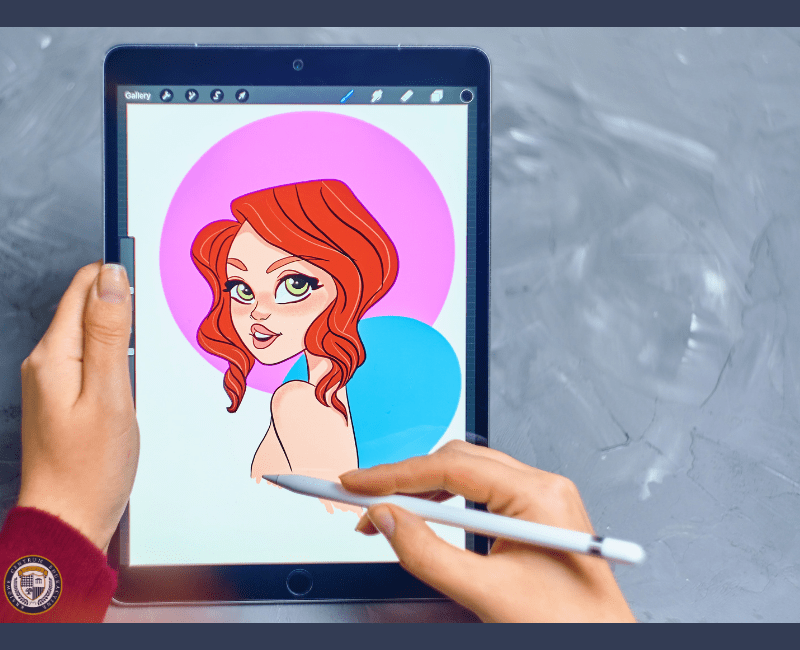 Tablet wyświetlający rysunek cyfrowy przedstawiający portret kobiety z rudymi włosami na różowo-niebieskim tle, wykonywany za pomocą rysika
