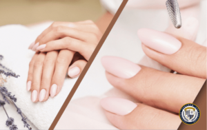 Elegancki manicure - zdrowe, zadbane dłonie z jasnoróżowymi paznokciami w dwóch ujęciach, ukazujące prawidłową budowę paznokci. Po lewej widok z góry na dłonie spoczywające na białym ręczniku obok lawendy, po prawej zbliżenie na paznokcie podczas zabiegu pielęgnacyjnego.
