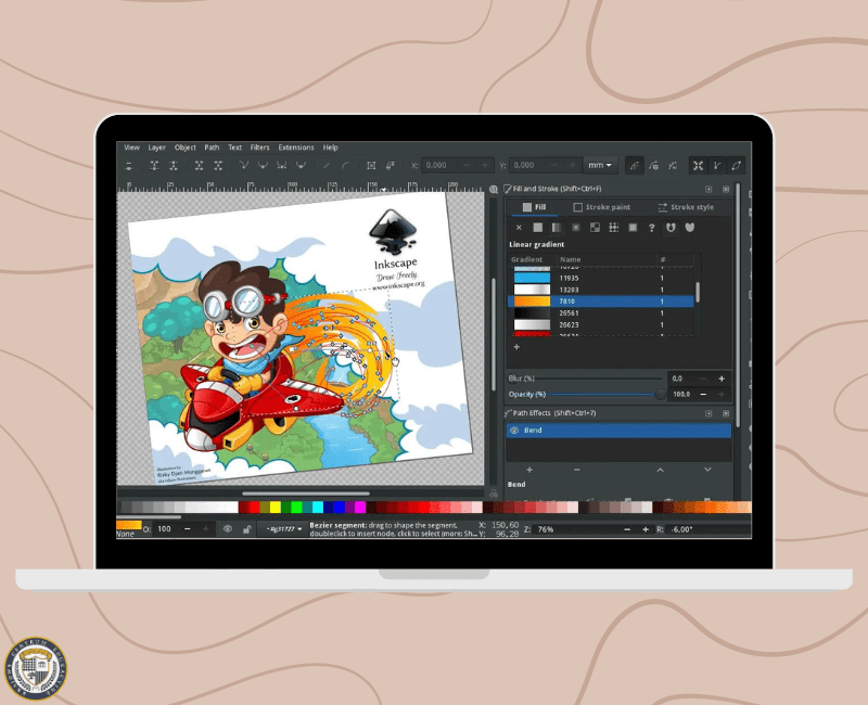 Inkscape program do rysowania: Ekran programu Inkspace pokazujący kolorową ilustrację chłopca w goglach lecącego czerwonym samolotem