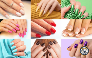 Kolaż dziewięciu zdjęć przedstawiających różne style manicure i inspiracje na paznokcie: klasyczne białe owalne paznokcie, długie żółte szpiczaste, błyszczące zielone chromowane, różowe zaokrąglone, intensywnie czerwone, francuski manicure z białymi końcówkami, pastelowe turkusowe, czekoladowe brązowe oraz metaliczne fioletowe. Zdjęcia przedstawiają różnorodne kształty, kolory i wykończenia paznokci jako inspiracje na paznokcie.