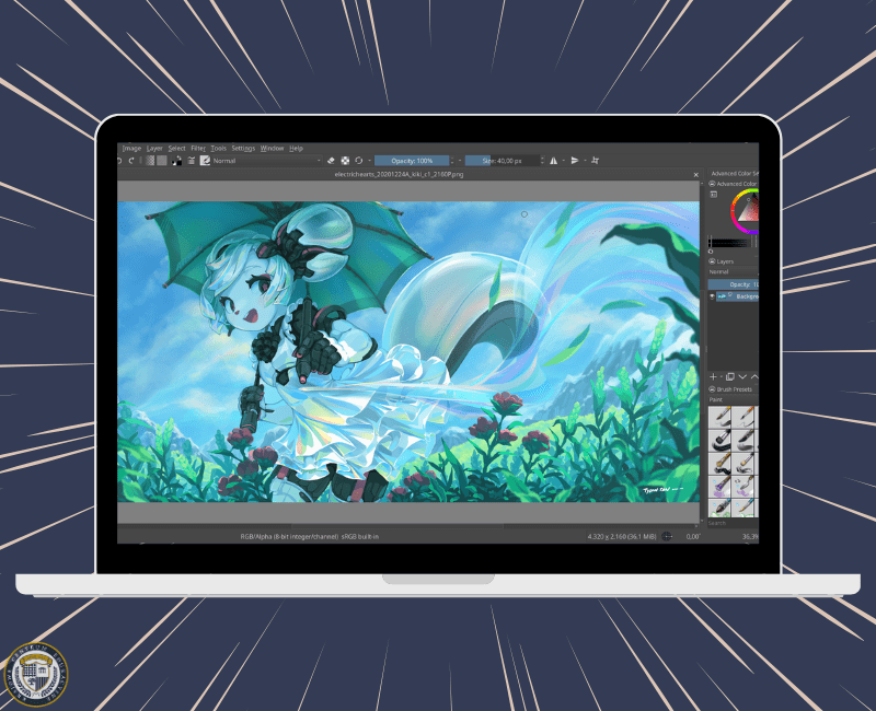 KRITA Program do rysowania graficznego: Monitor wyświetlający cyfrową ilustrację postaci z niebieskimi włosami i skrzydłami nietoperza w otoczeniu roślinności