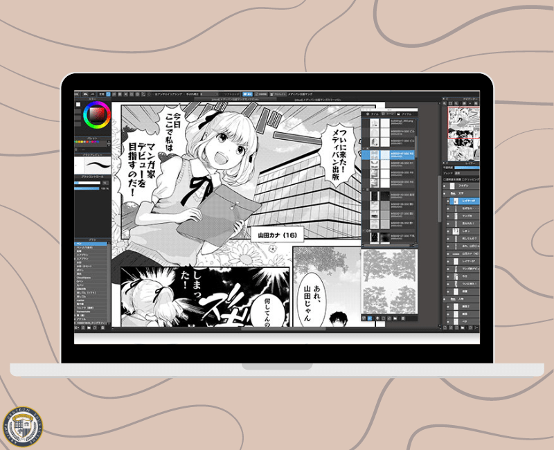 MediBang Program do rysowania graficznego: Ekran laptopa prezentujący interfejs programu do tworzenia mangi z czarno-białym komiksem w stylu japońskim